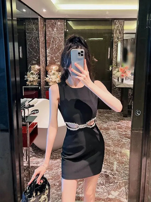 Women's Clothing High-end Versatile Sexy Dress Summer Dress Diamond Slimming Y2k Dress Mini Diamond-encrusted Elegant Black