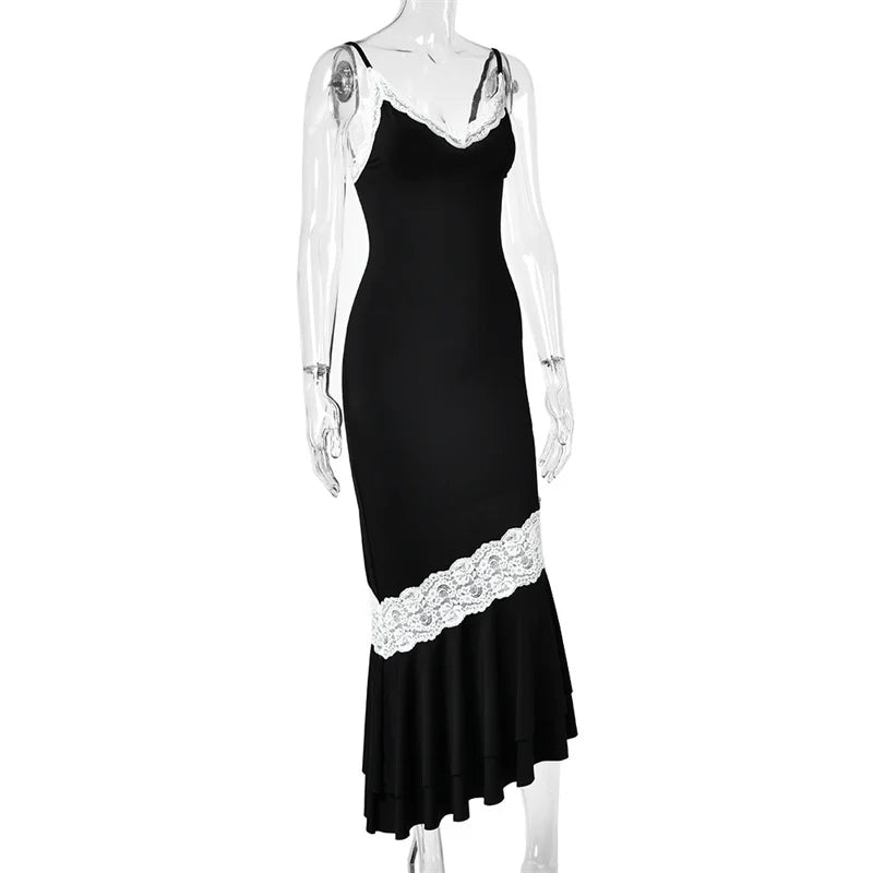 Mozision Women Spaghetti Strap V‑Neck Sexy Midi Dress Contrast White Lace Patchwork Ruffle Hem Bodycon Party Evening Dresses