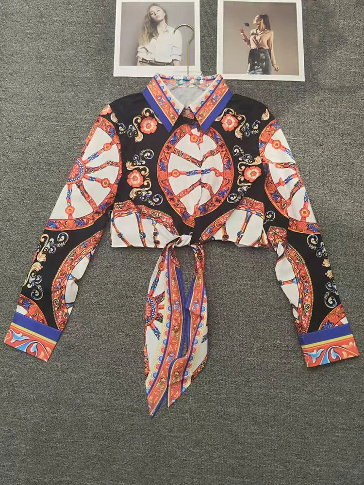 2026 Summer Women's Clothing Retro Geometric Print Sexy Suspender Lapel Shirt Two-piece Set + Shirring Loose Skirt Fashion Suit - Shellss
