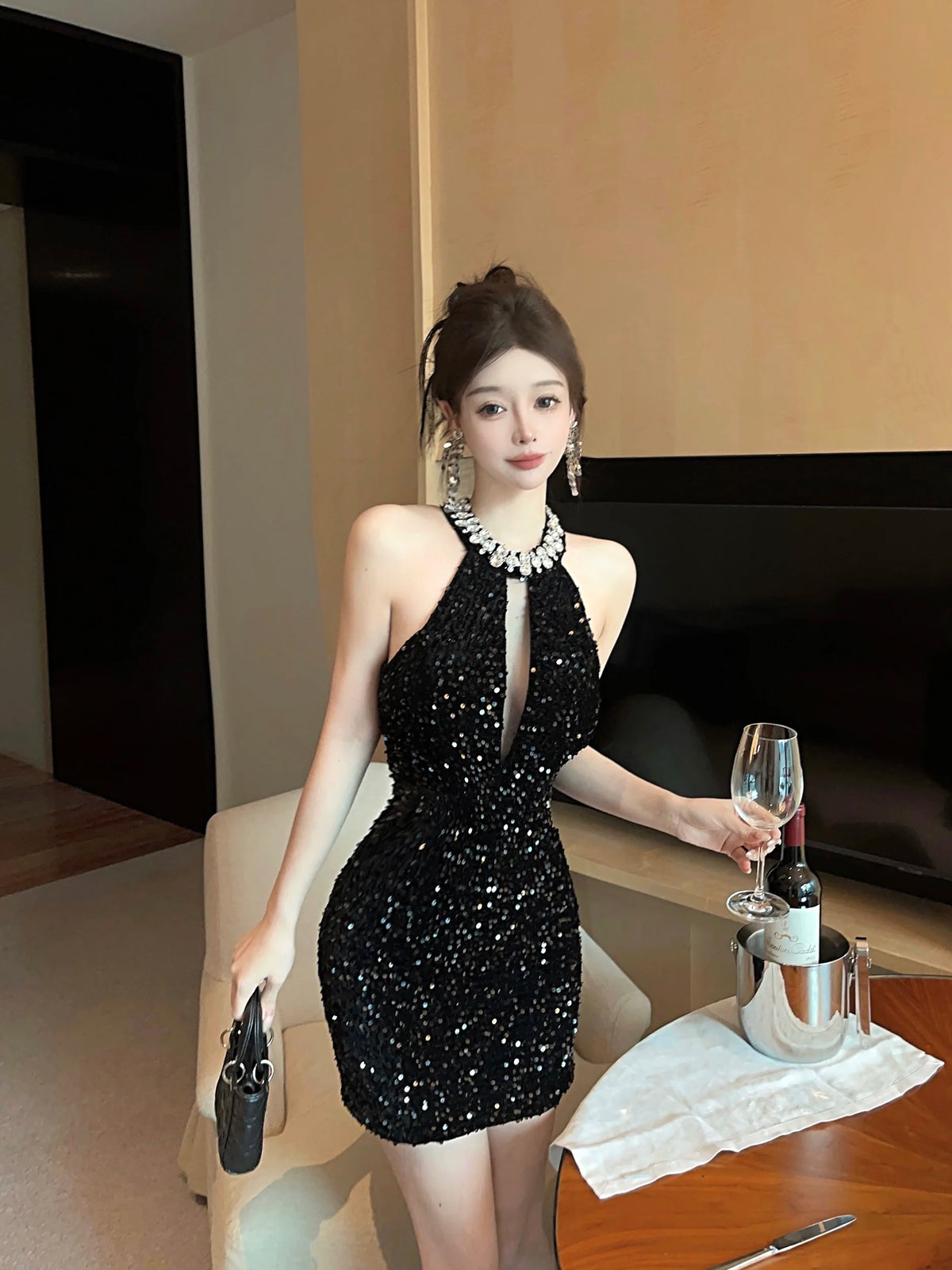 Celebrity Lady Diamonds Beads Halter Black Birthday Party Dress Summer Sequined Hollow Out Sleeveless Elegant Pencil Mini Dress