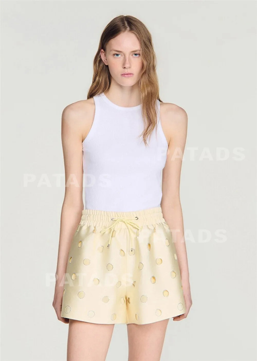 MaSande Early Autumn New Women's Fashionable Hollow out High Waist Drawstring Shorts Ring Detail Casual Pants Straight Leg - Shellss