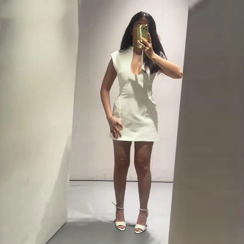 Elegant Slim Women's Dress Stand Collar Hollow Out Sleeveless Waist-Closed Lady Mini Dresses 2026 Spring Summer Female Robe