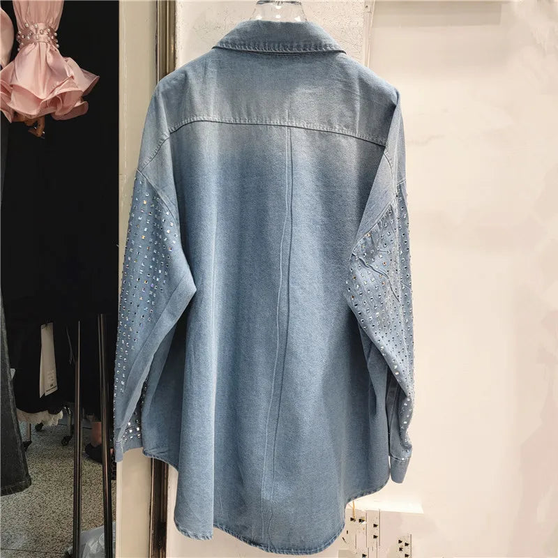 Luxus Frauen Pailletten Diamanten Perlen Denim Shirts Kristall Strass Jeans Blusen Cowboy Strickjacke Drehen Unten Kragen Tops 2024
