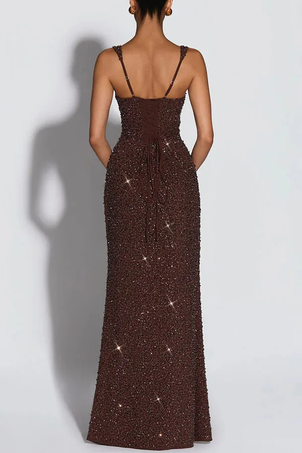 Women European American Sequin Cami Dress Sleeveless Tie Slim Fit Cocktail Party Evening Gown