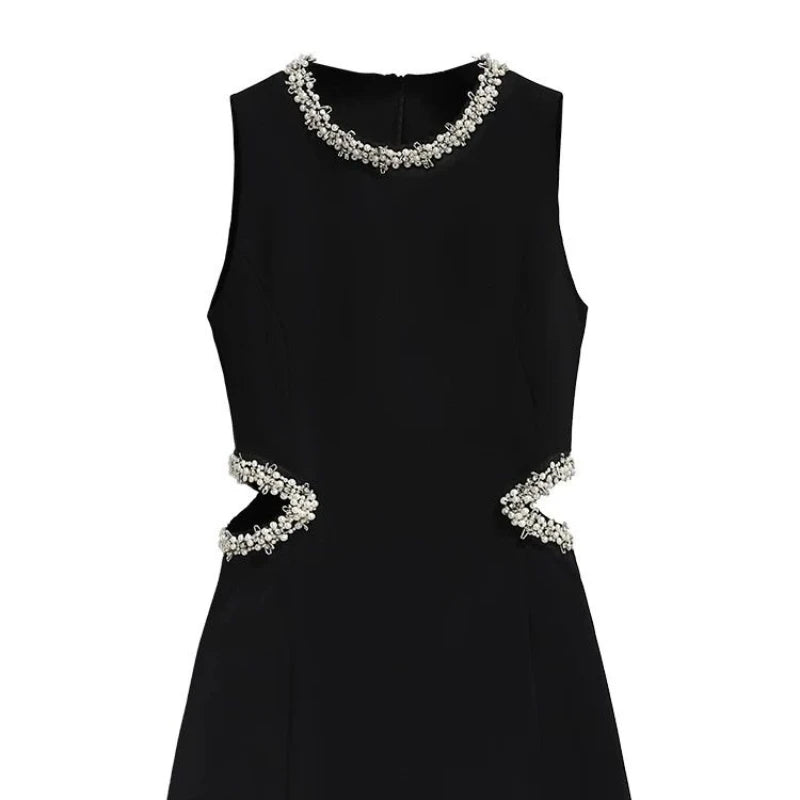 French Waistless Cut-out Celebrity Dress Temperament  Sleeveless High-end Waist Small Black Skirt with A Hollow Waist New Style