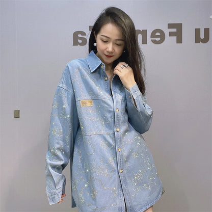 Women Hot Drilling Animals Sequined Denim Shirt Autumn Rhinestones Jeans Jacket Crystal Cowboy Cardigan Single Breasted Tops