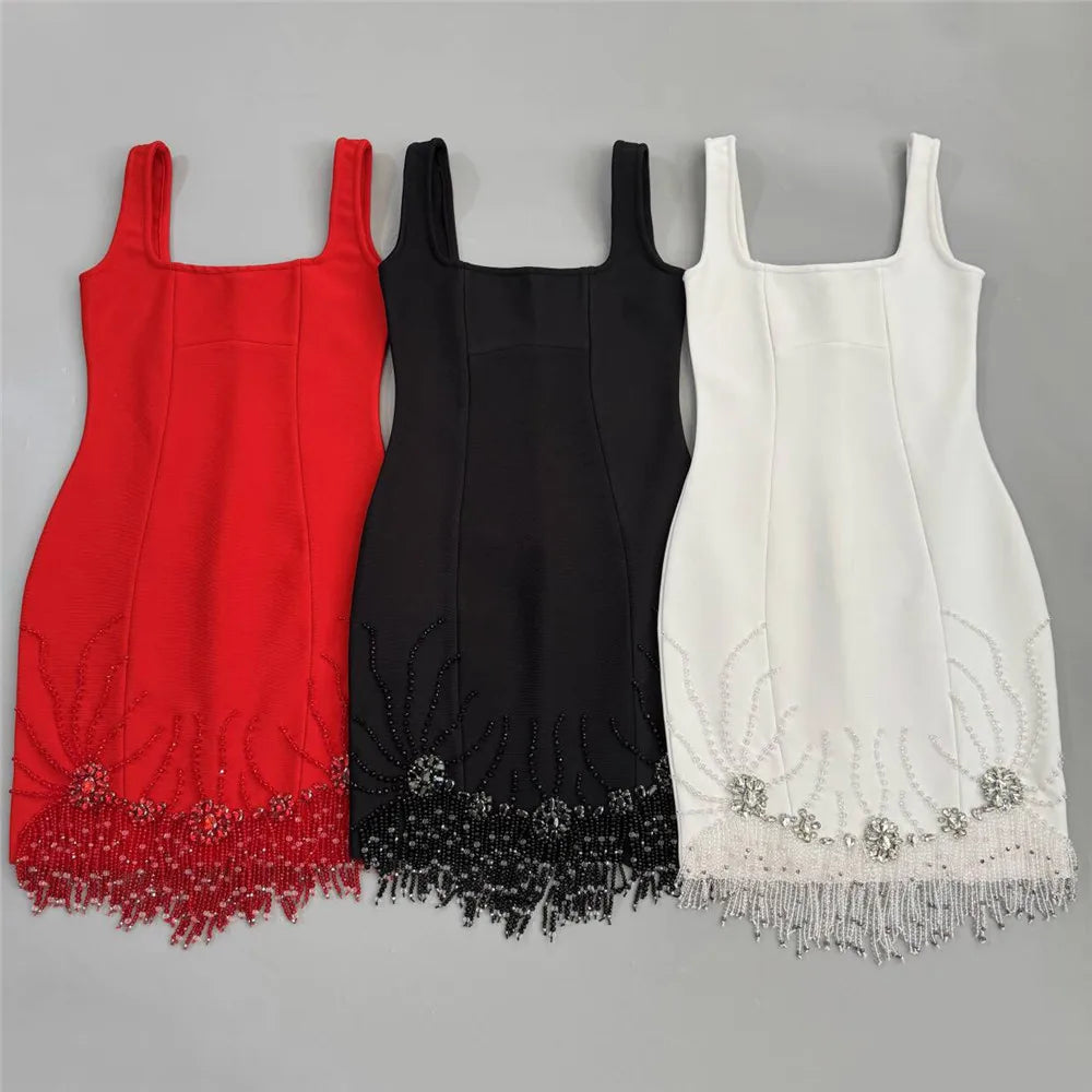 New sexy sleeveless diamond studded mid length dress, beaded tassel bandage dress, dance party dinner dress, short mini skirt