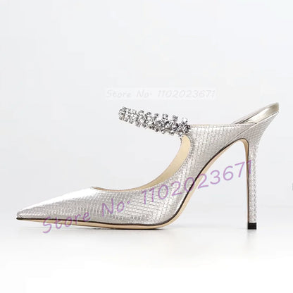 Silver Metallic Crystal Mules Rhinestone Arch Strap Heels