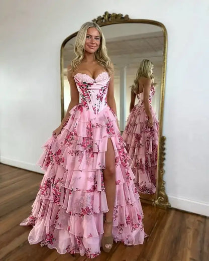 Strapless Evening Dresses Floral Tiered Ruffle