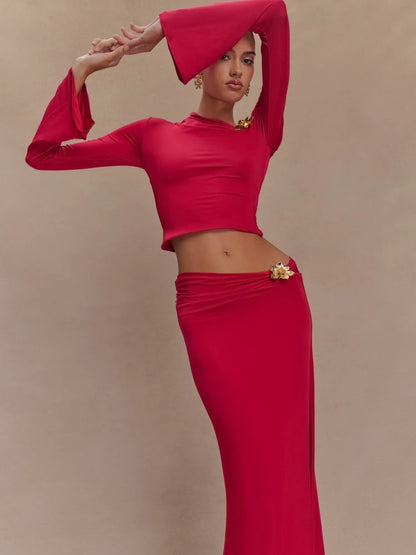 Women's Metal Flower Skirt Two Piece Set Sexy Slanted Neck Long Sleeves Top + Slim Long Skirt Suits Celebrity Party Cocktail