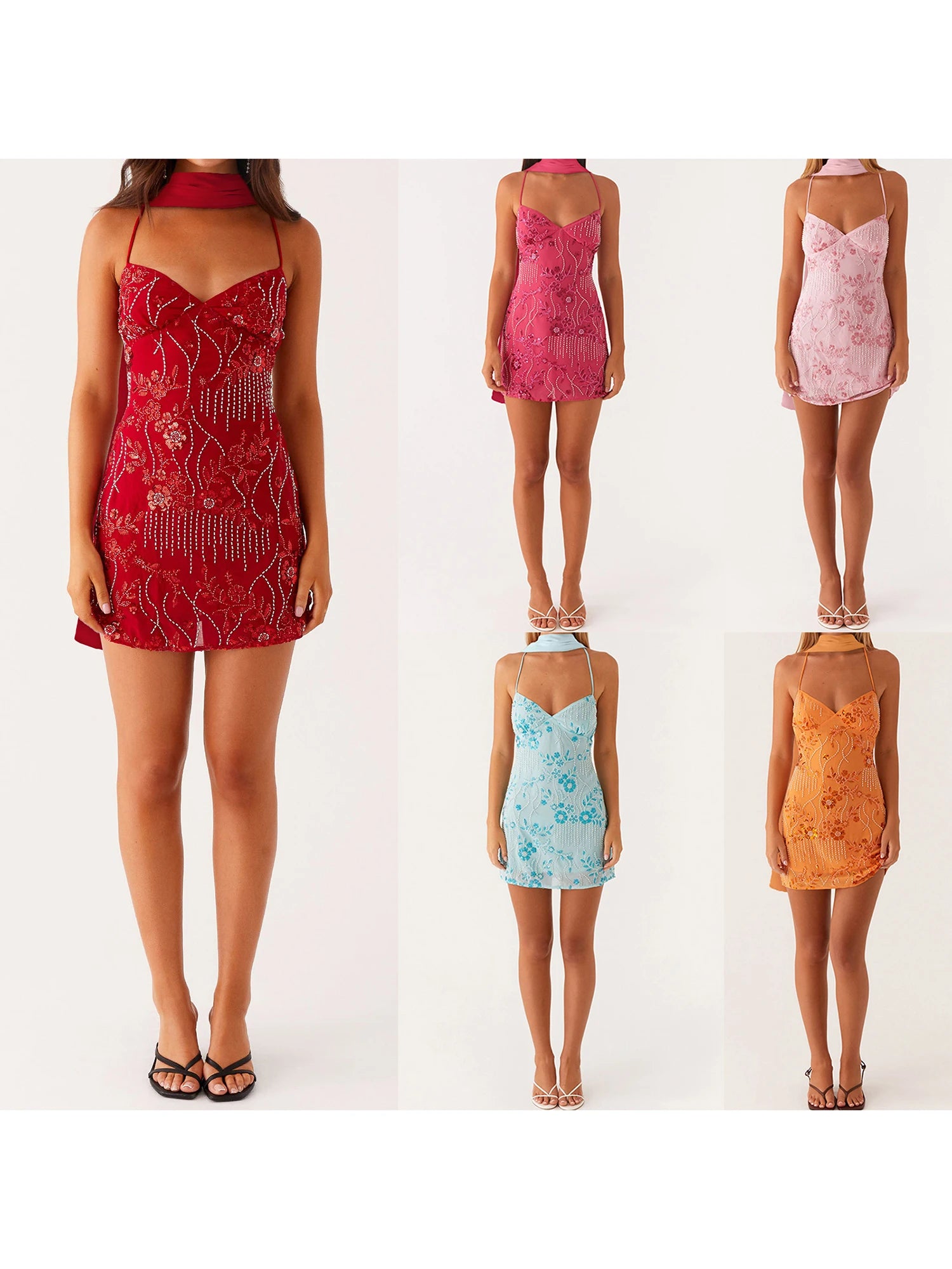 Sequined Flower Embroidery Beaded Bodycon Mini