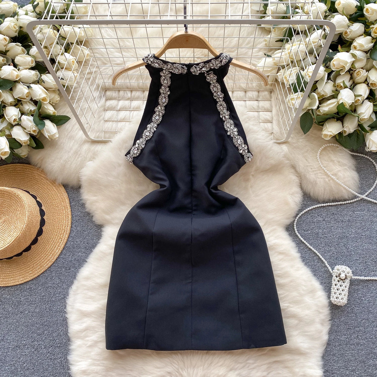 French Chic Elegant Mini Dress Sequined Beading Halter Off-shoulder Sleeveless Vestidos De Mujer Female Evening Dresses Dropship