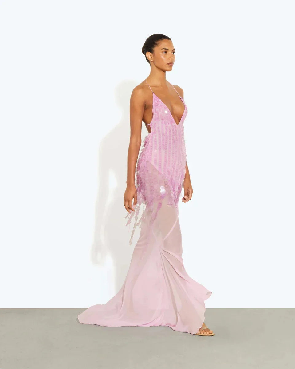 New Summer Sequins Patchwork Mesh Slim Long Dress Women Casual Vacation Dress Sexy Suspender V Neck Backless Evening Dress