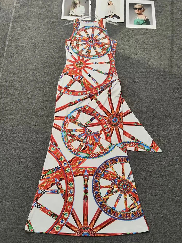 Designer retro geometric print knitted sleeveless sundress 2026 summer women's fashion fashion smocked straps hip-covering dress - Shellss