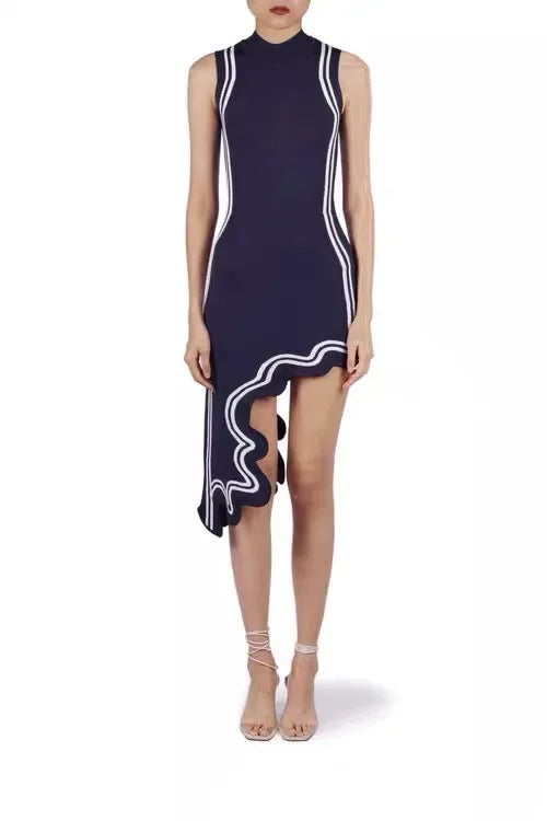 Asymmetric Wave Edge Dress BottomRound Neck Tanlan White Inlaid Edge Knit No Sleeves Dress Autumn New Style