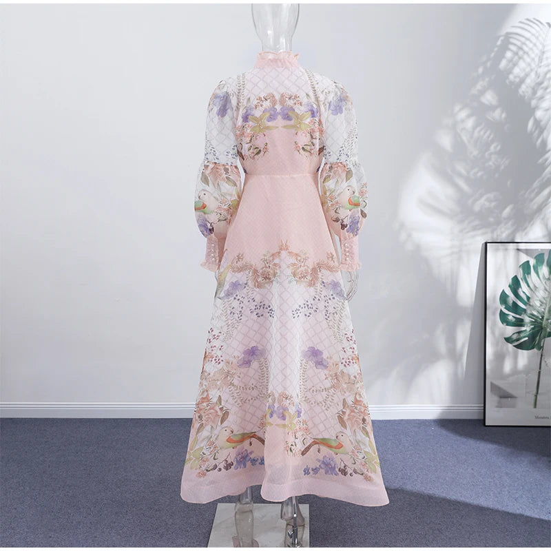 Floral Print Women Dress Button Down Mock Neck Maxi Dresses Long Lantern Sleeve A-Line Waist Belt Flared Hem Elegant Streetwear - Shellss
