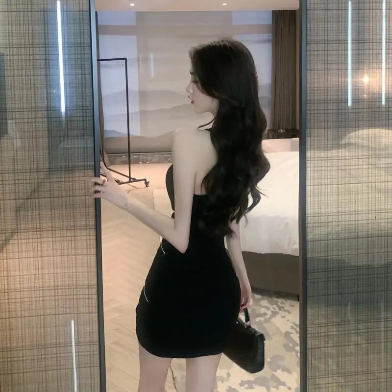 2025 Elegant Rhinestone Slim Fit Asymmetrical Dress Women Summer Party Club Little Black Dress Sleeveless One Shoulder Fashion