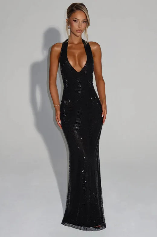 Backless Sequin Nightclub Sexy Party Dress Women Halter  Spring Summer Dress Slim Bodycon Maxi Long Dresses