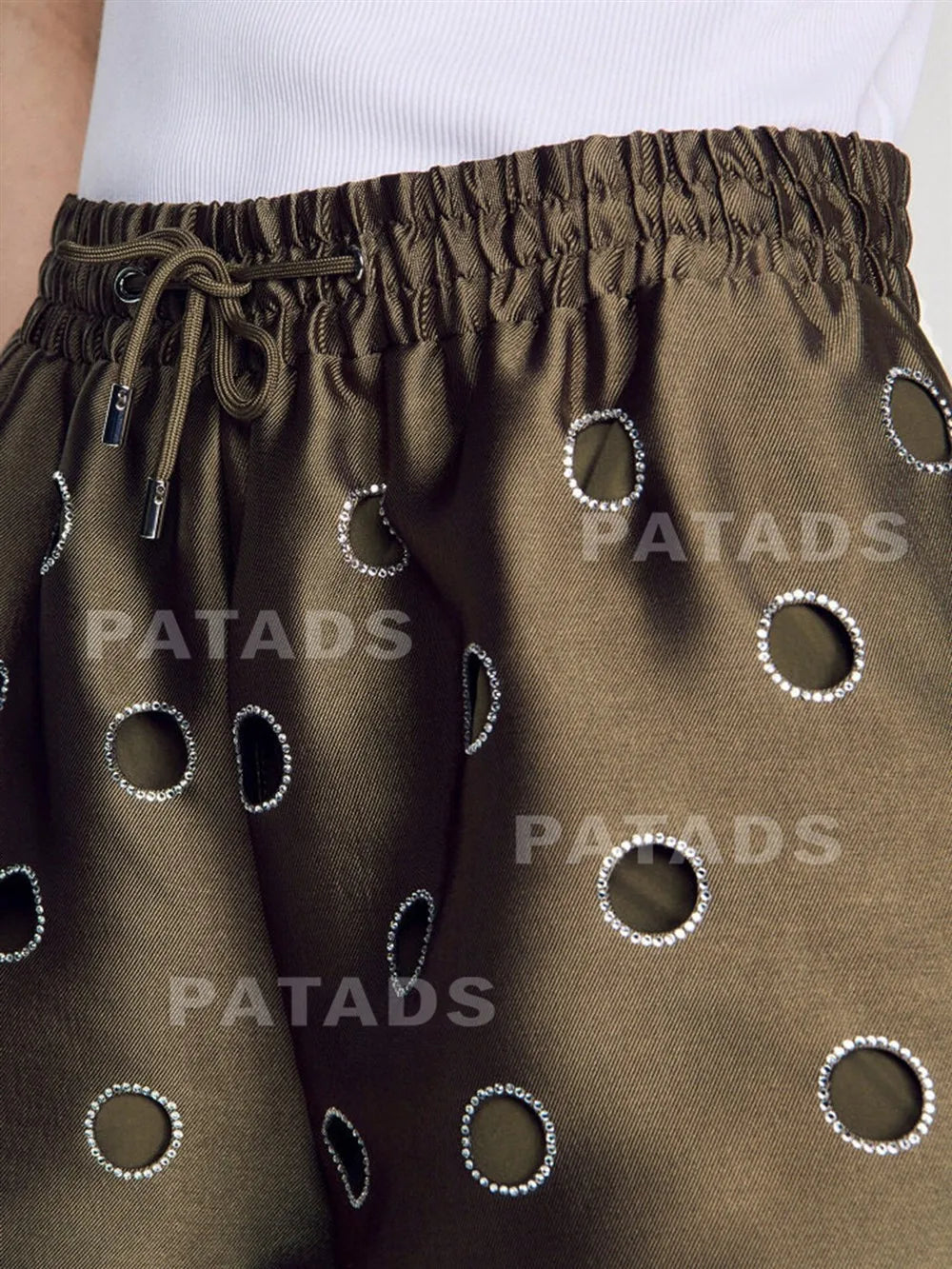 MaSande Early Autumn New Women's Fashionable Hollow out High Waist Drawstring Shorts Ring Detail Casual Pants Straight Leg - Shellss