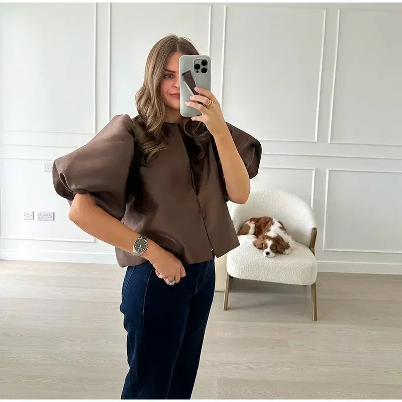 Elegant Button Puff Sleeve Top