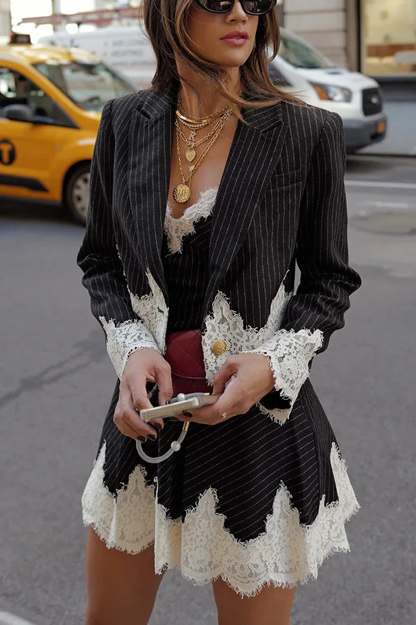 Temperament Women's Dress Two Piece Set White Lace Patchwork Spaghetti Strap Dresses Blazer 2 Piece Sets Fashion Trendy Female
