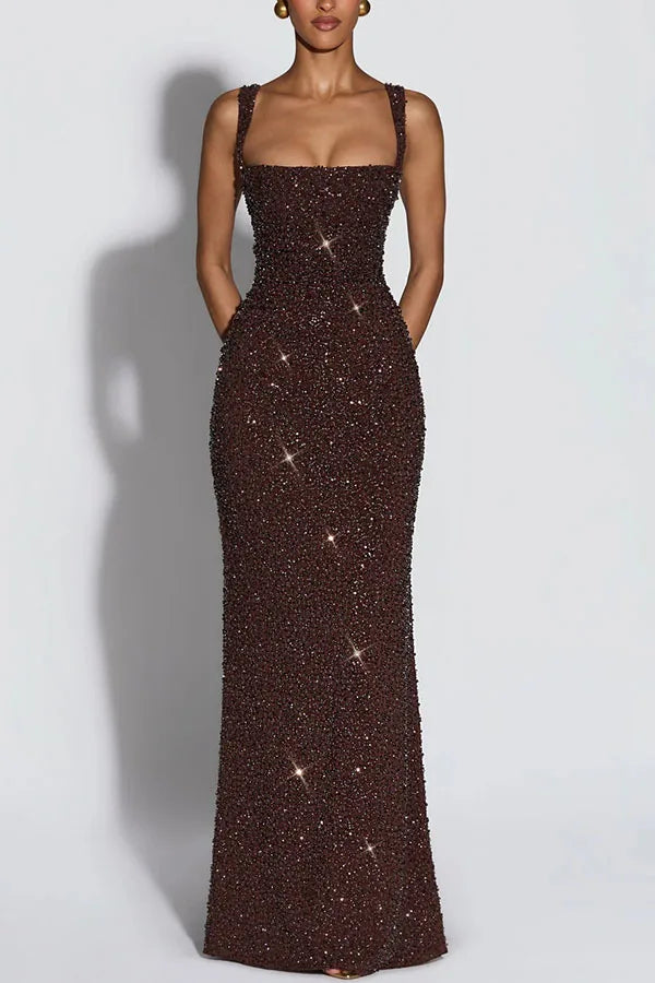 Women European American Sequin Cami Dress Sleeveless Tie Slim Fit Cocktail Party Evening Gown