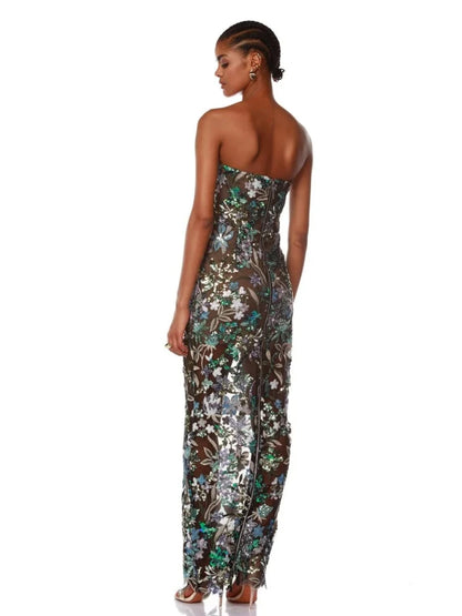 Sexy Strapless Floral Sequin Long Dress