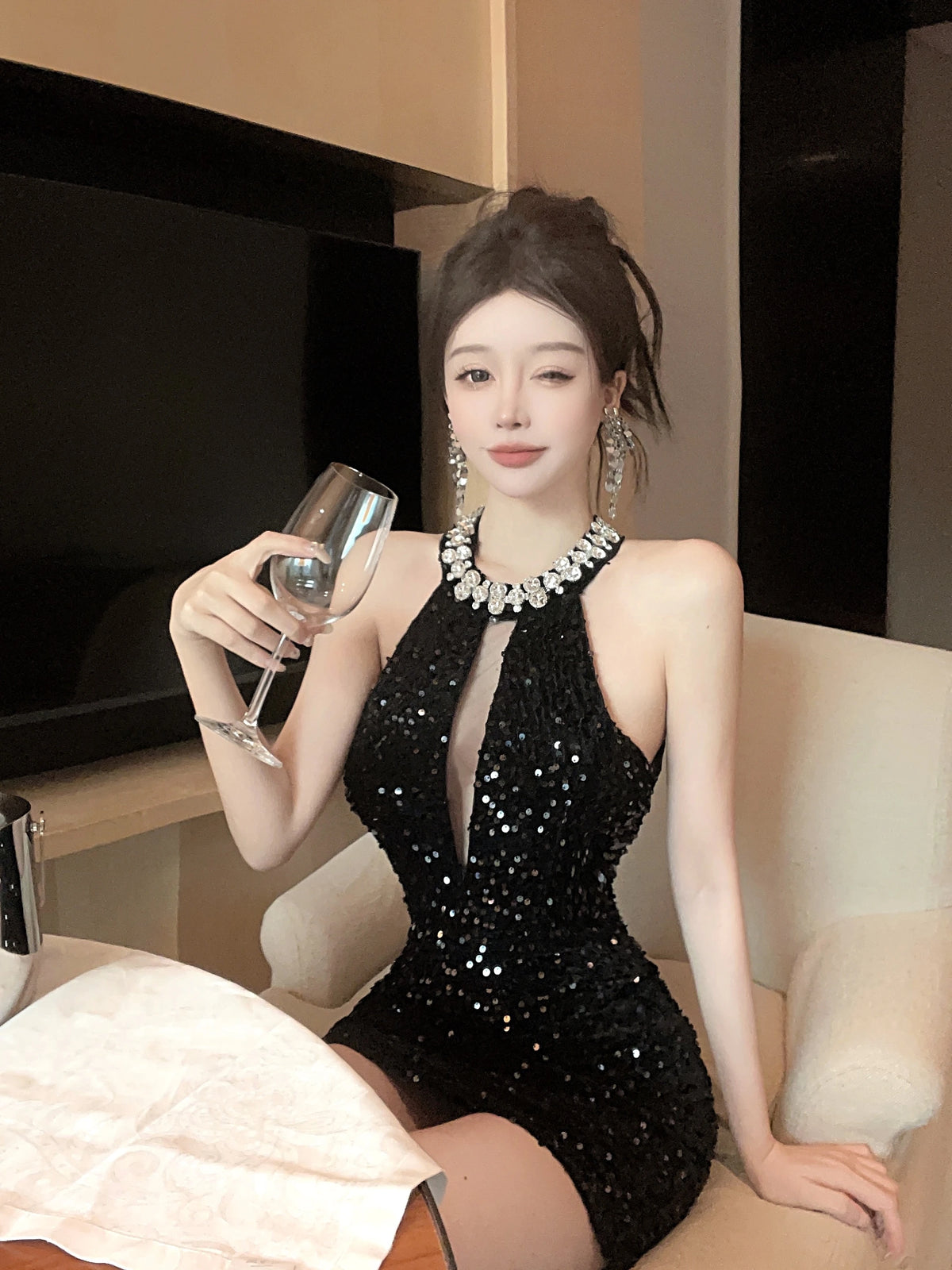 Celebrity Lady Diamonds Beads Halter Black Birthday Party Dress Summer Sequined Hollow Out Sleeveless Elegant Pencil Mini Dress