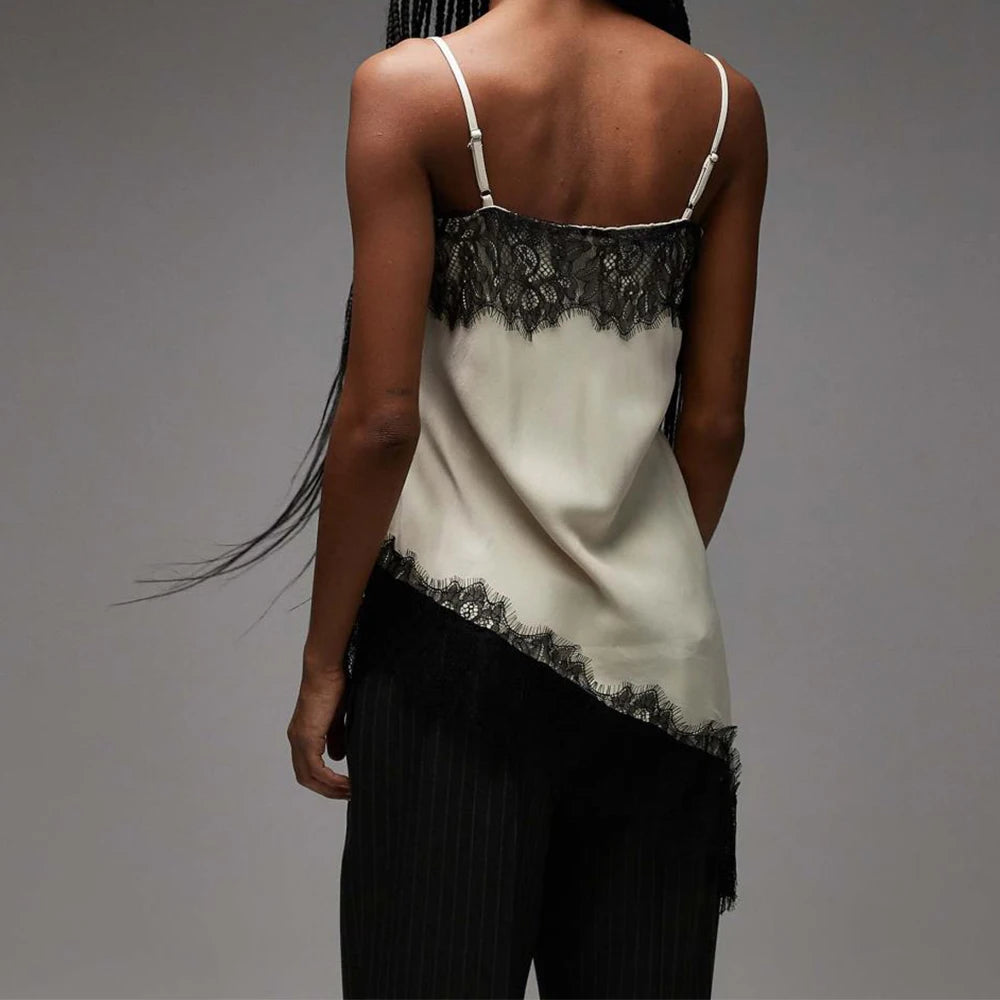 Vintage Lace Satin Asymmetrical Tanks Tops