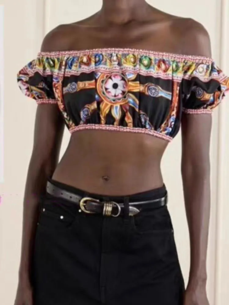 Fashionable and sexy word-neck printed waist-less blouse new summer two-piece pants+high waist shorts holiday women's suit - Shellss
