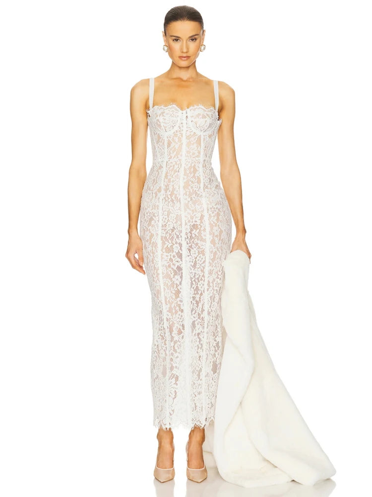 Sexy Spaghetti Strap V Neck Lace Long Dress Women Black Floral Lace Sleeveless Bodycon Dresses Elegant Evening Celebrity Party - Shellss
