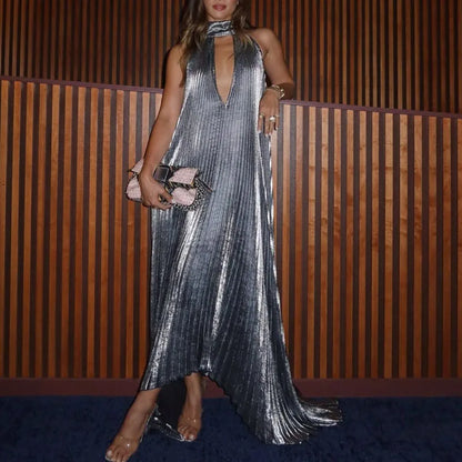 Silver Satin backless Pleated Irregular Dress