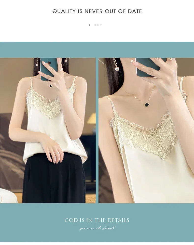 Satin Lace Trim V-Neck Crop Top