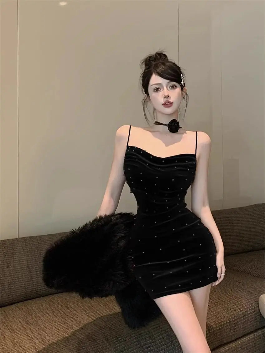 Spring Autumn Solid Color Fashion Slip Dress Women High Street Sexy Slim Pleated Package Hip Dress Embroidered Flares Vestidos