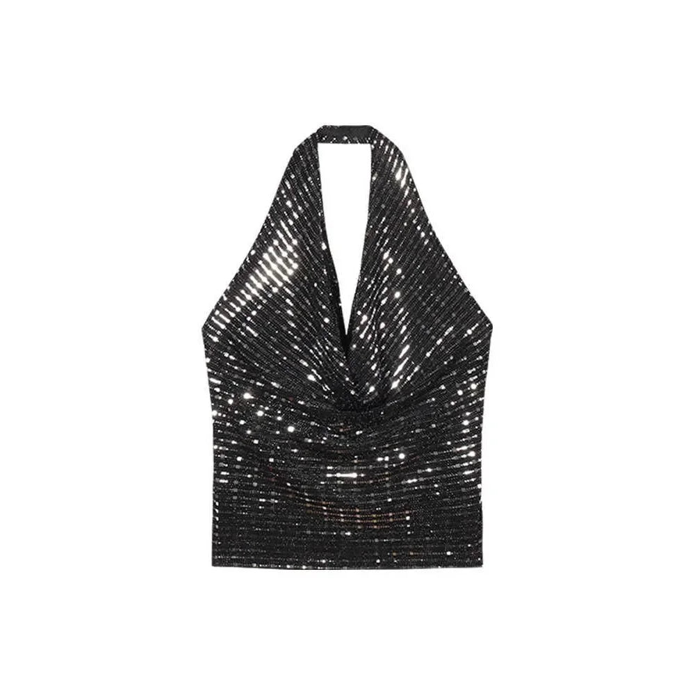 Shiny Sequin Halter Neck Crop Top Sparkly