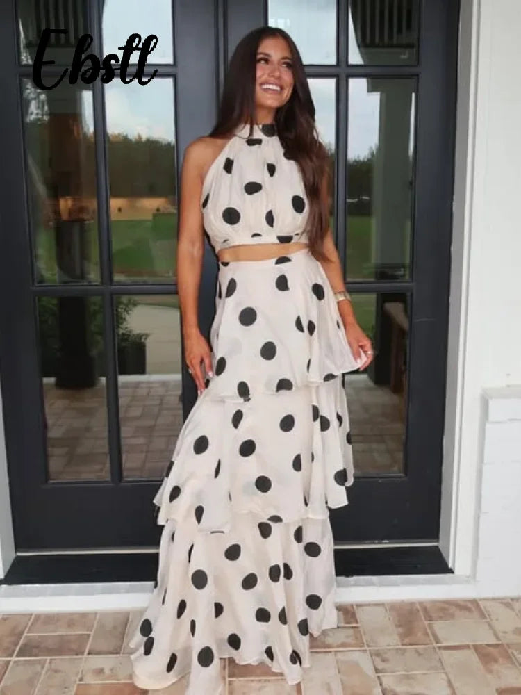 1 Polka Dots Vest Ruffles A-line Long Skirt set