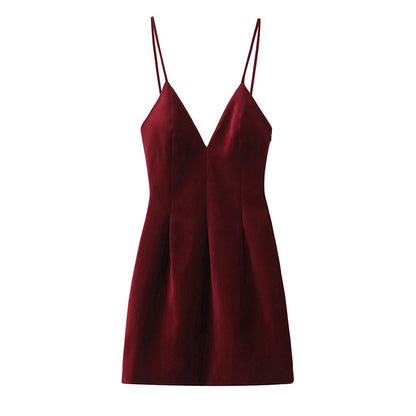 Retro Red Velvet Sling Dress For Women Elegant Vintage Dress Old Money