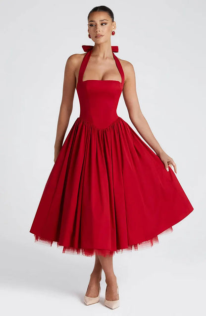 Red Midi Mesh Back Bandage Halter