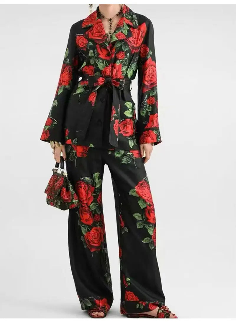Autumn Fashion Printed Satin Two-Piece Pants Long-Sleeved Lace-Up Shirt Jacket Elastic Waist Wide-Leg Pants Home Wear Women's Su - Shellss