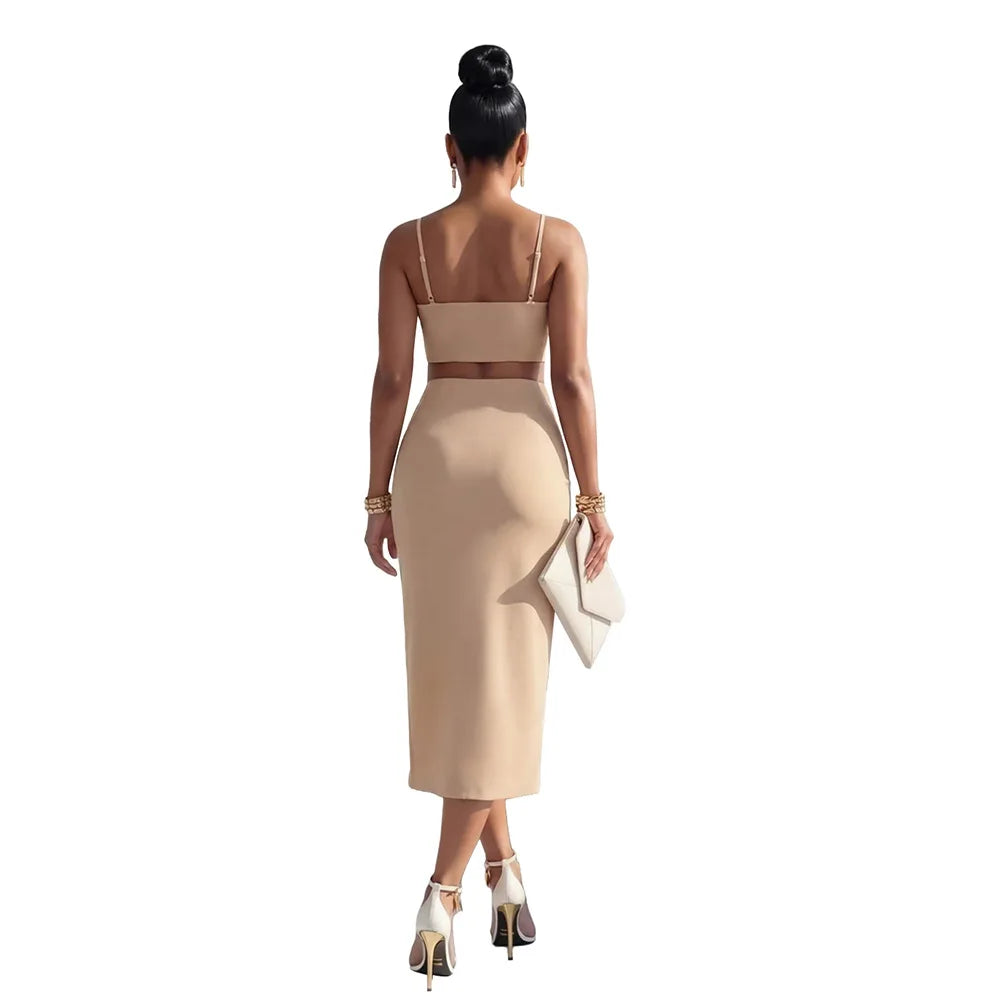 2 Piece Sets Tops And Skirt Elegant Women Sleeveless Sexy Midi Dress Fashion Evening Ladies Street Party Vestidos Summer