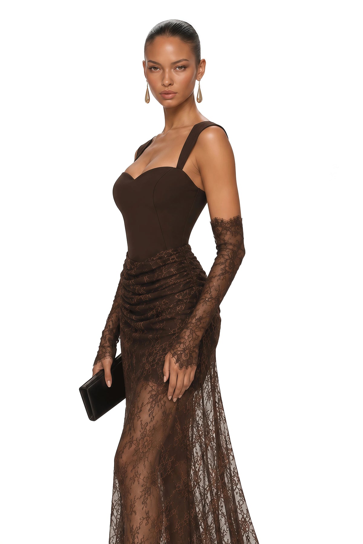 Vintage Luxury Brown Sheer Lace Floor Length Evening Gown Elegant Women Party Gown for Dubai Saudi EID Gala Dinner Wedding Guest - Shellss