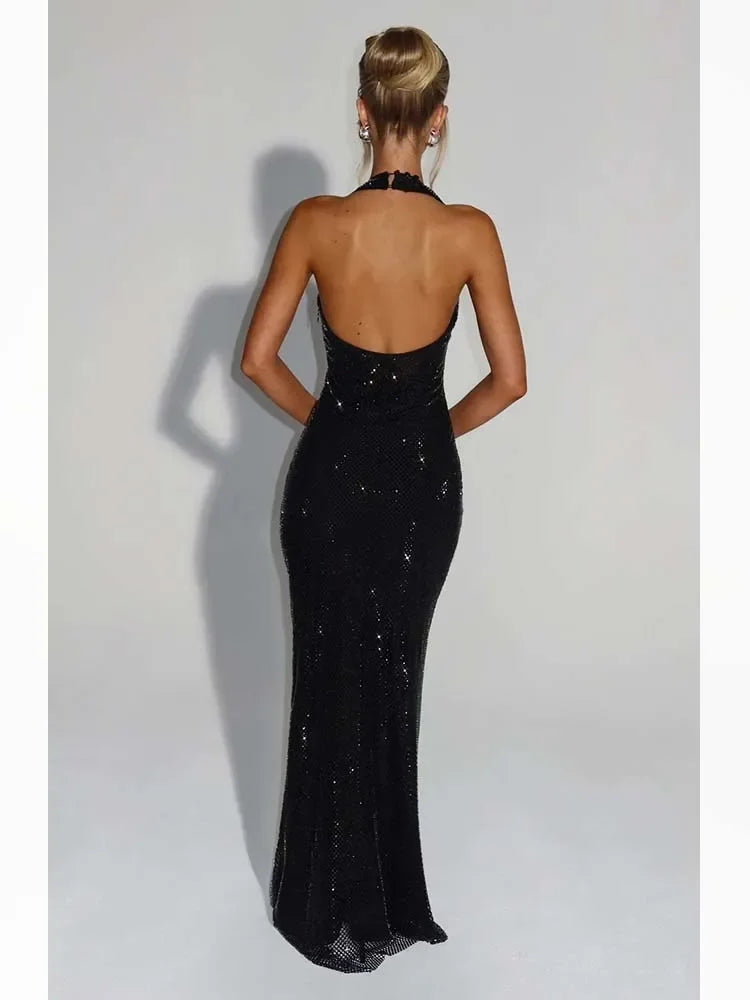 Backless Sequin Nightclub Sexy Party Dress Women Halter  Spring Summer Dress Slim Bodycon Maxi Long Dresses