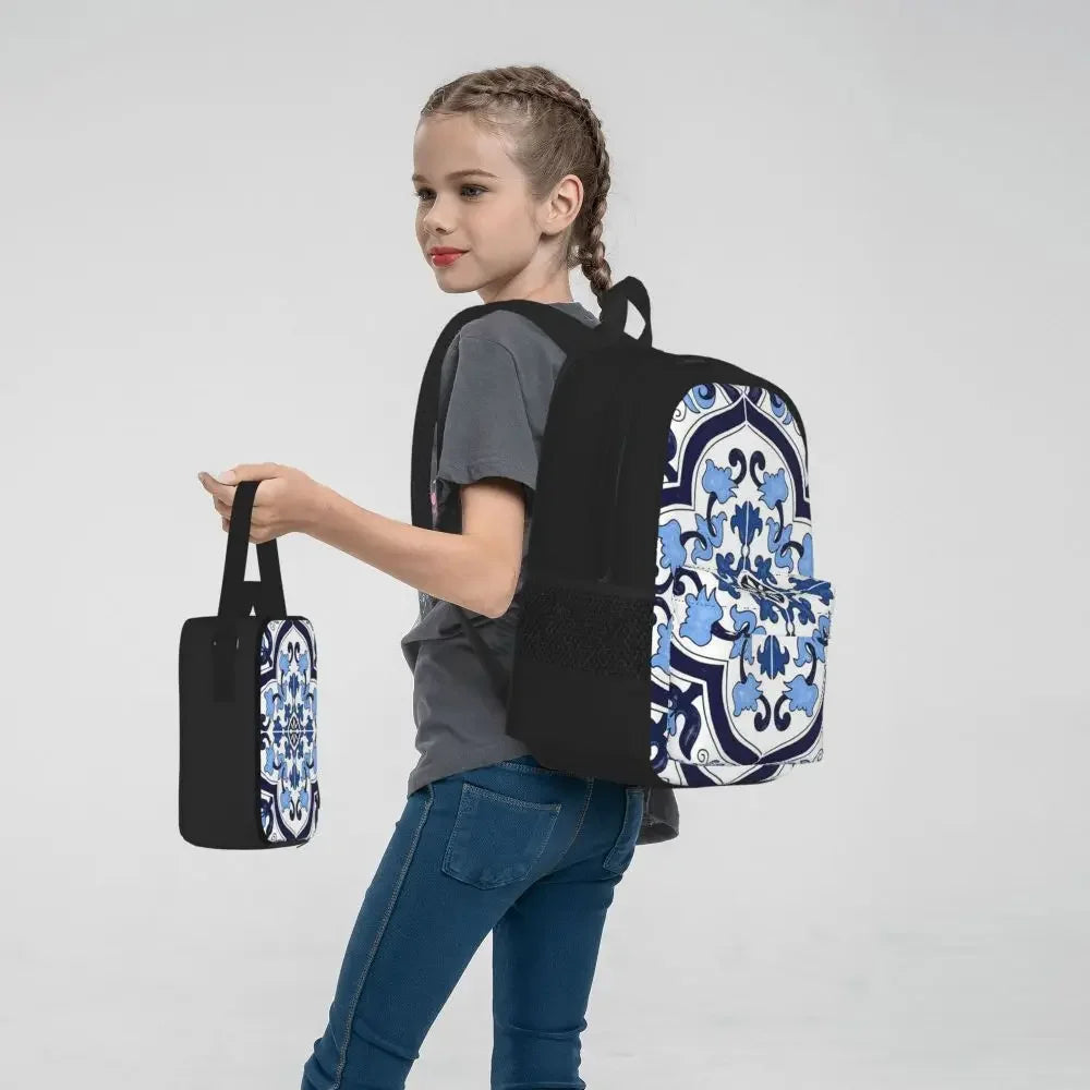 Blue Ornate Floral Mediterranean Sicilian Tile Backpacks Bookbag Children School Bags Rucksack Lunch Bag Pen Bag Three-Piece Set