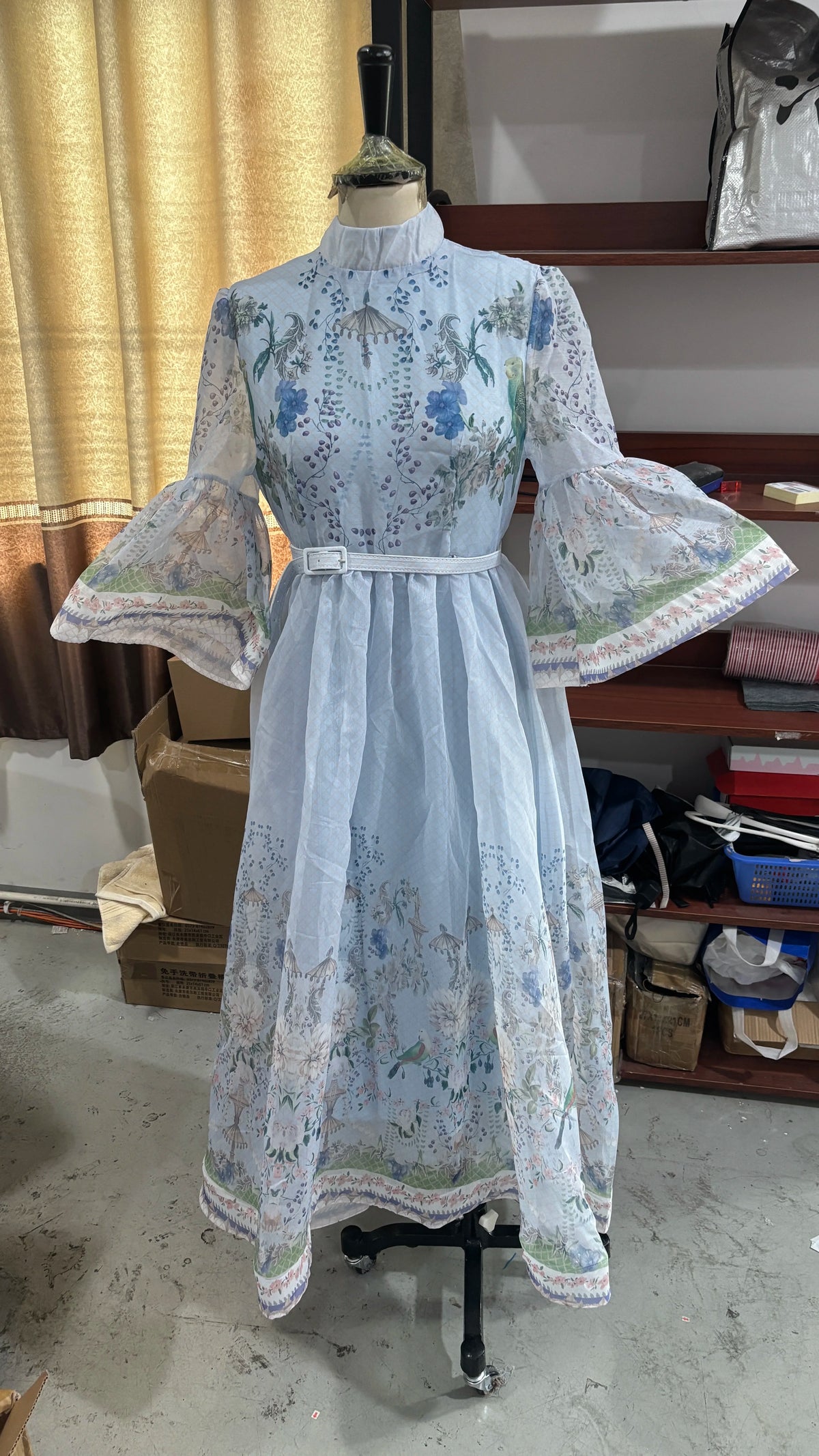 Floral Print Women Dress Button Down Mock Neck Maxi Dresses Long Lantern Sleeve A-Line Waist Belt Flared Hem Elegant Streetwear - Shellss
