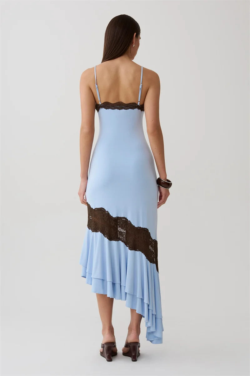 Mozision Women Spaghetti Strap V‑Neck Sexy Midi Dress Contrast White Lace Patchwork Ruffle Hem Bodycon Party Evening Dresses