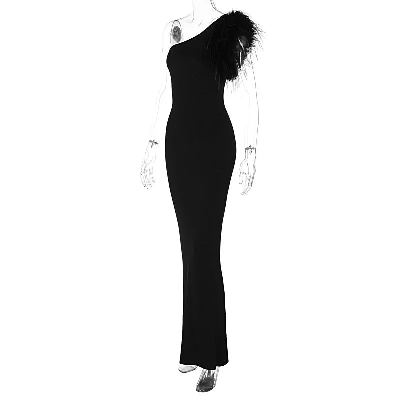 Dulzura Black Sleeveless One Shoulder Feather Maxi Premium