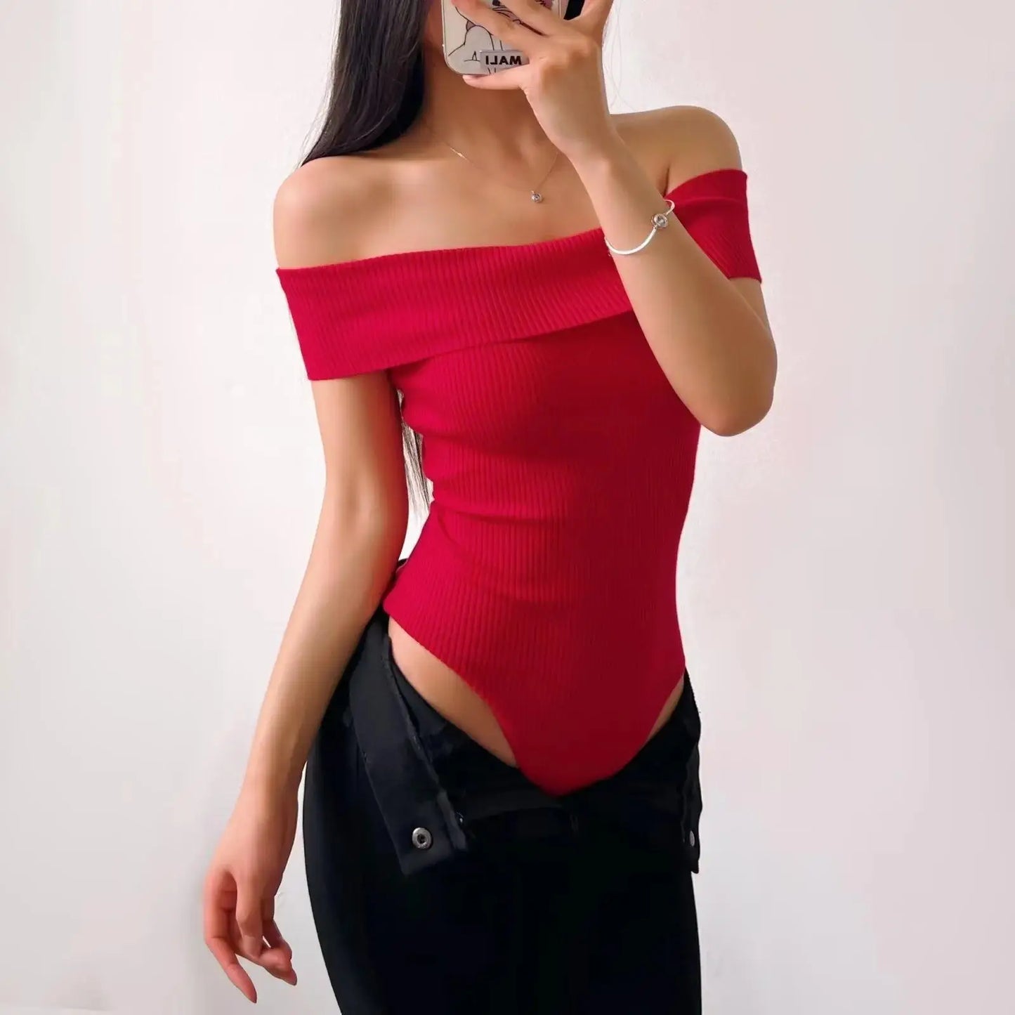 Off Shoulder Rib Knitted Bodysuit