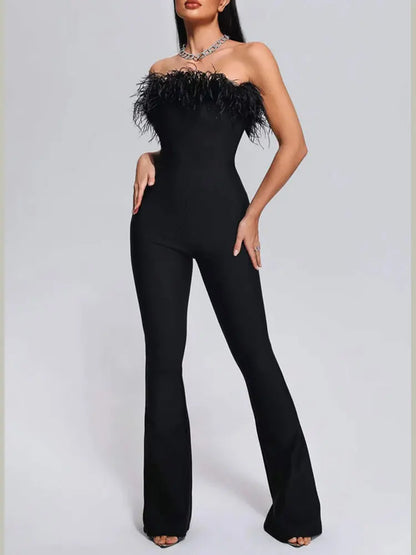 Women Strapless Sleeveless Off Shoulder Feather Design Bandage Jumpsuit