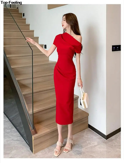 Elegant Off Shoulder Evening Party Dresses ONE SHOULDER DROP SHOULDER red