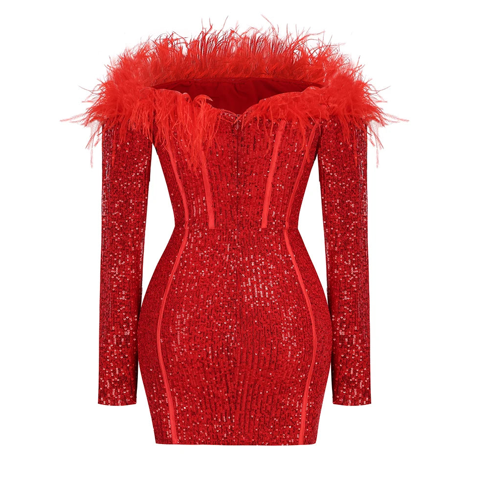 New premium Women Sexy Off Shoulder Feathers Sparkly Bodycon Dress